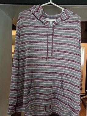 Market & Spruce Women's Striped Pullover Hoodie - Maroon & Gray